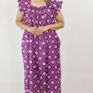 Bdrox Cotton Purple Maxi Nighty Square Neck Short Sleeves with pleats