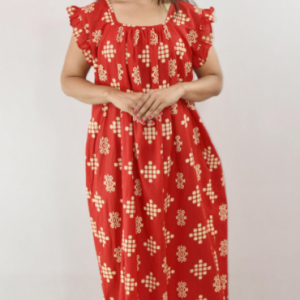 Bdrox Cotton Red Maxi Nighty Square Neck Short Sleeves with pleats