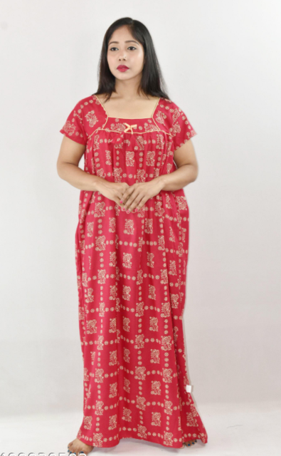 Bdrox Cotton Pink Maxi Nighty Square Neck Short Sleeve With Pipien