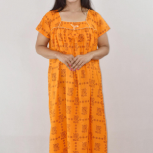 Bdrox Cotton Yellow Maxi Nighty Square Neck Short Sleeve With Pipien
