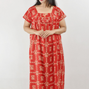 Bdrox Cotton Red Maxi Nighty Square Neck Short Sleeve With Pipien