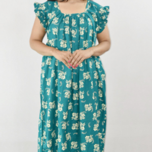 Bdrox Cotton Mint Green Maxi Nighty Square Neck Short Sleeves with pleats