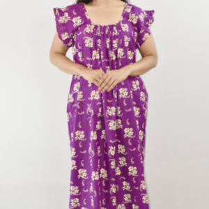 Bdrox Cotton Purple Maxi Nighty Square Neck Short Sleeves with pleats