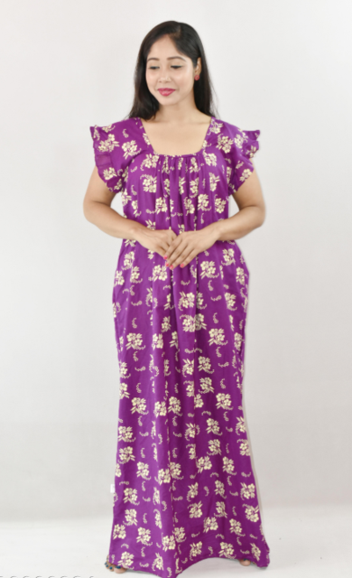Bdrox Cotton Purple Maxi Nighty Square Neck Short Sleeves with pleats