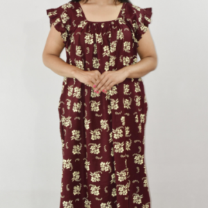 Bdrox Cotton Black Maxi Nighty Square Neck Short Sleeves with pleats