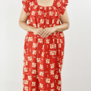Bdrox Cotton Red Maxi Nighty Square Neck Short Sleeves with pleats