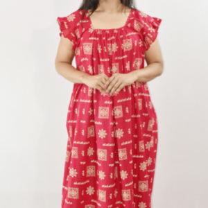Bdrox Cotton Pink Maxi Nighty Square Neck Short Sleeves with pleats