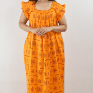 Bdrox Cotton Yellow Maxi Nighty Square Neck Short Sleeves with pleats