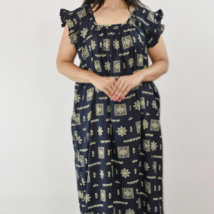 Bdrox Cotton Black Maxi Nighty Square Neck Short Sleeves with pleats
