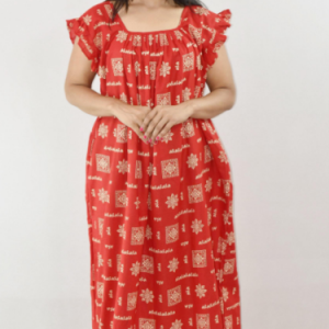 Bdrox Cotton Red Maxi Nighty Square Neck Short Sleeves with pleats