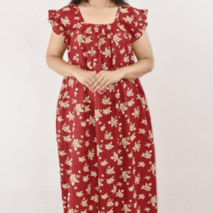 Bdrox Cotton Maroon Maxi Nighty Square Neck Short Sleeves with pleats