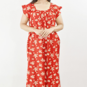 Bdrox Cotton Red Maxi Nighty Square Neck Short Sleeves with pleats