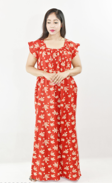Bdrox Cotton Red Maxi Nighty Square Neck Short Sleeves with pleats