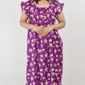 Bdrox Cotton Purple Maxi Nighty Square Neck Short Sleeves with pleats
