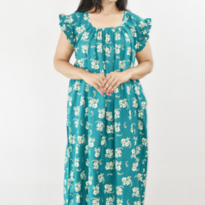 Bdrox Cotton Mint Green Maxi Nighty Square Neck Short Sleeves with pleats