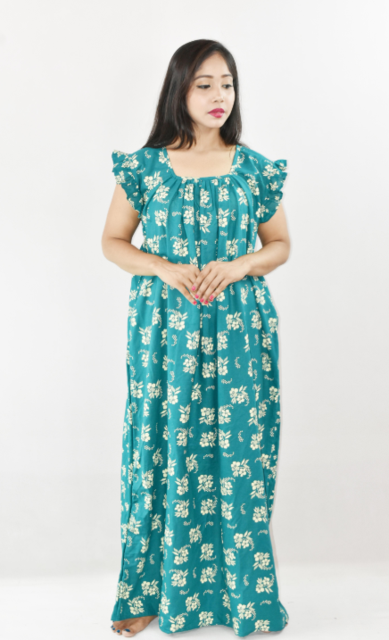 Bdrox Cotton Mint Green Maxi Nighty Square Neck Short Sleeves with pleats