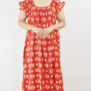 Bdrox Cotton Red Maxi Nighty Square Neck Short Sleeves with pleats