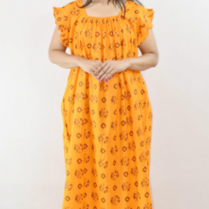 Bdrox Cotton Yellow Maxi Nighty Square Neck Short Sleeves with pleats