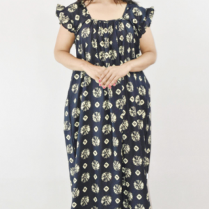 Bdrox Cotton Black Maxi Nighty Square Neck Short Sleeves with pleats