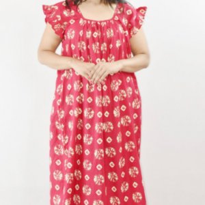 Bdrox Cotton Pink Maxi Nighty Square Neck Short Sleeves with pleats