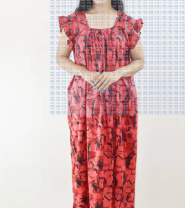 Bdrox Cotton Red Maxi Nighty Square Neck Short Sleeves with pleats