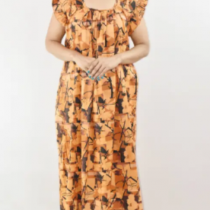 Bdrox Cotton Yellow Maxi Nighty Square Neck Short Sleeves with pleats