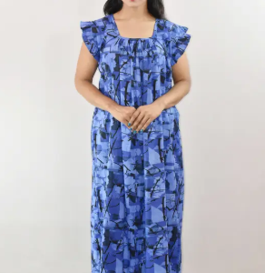 Bdrox Cotton Blue Maxi Nighty Square Neck Short Sleeves with pleats