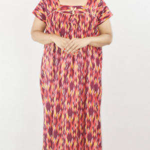 Bdrox Cotton Red Maxi Nighty Square Neck Short Sleeve With Pipien
