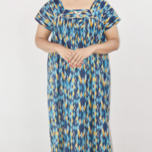 Bdrox Cotton Blue Maxi Nighty Square Neck Short Sleeve With Pipien