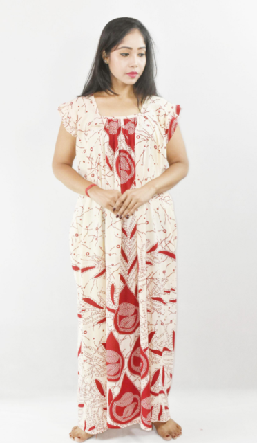 BDROX Red Maxi Nighty Square Neck Short Sleeves with pleats