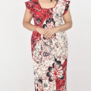 BDROX Red Maxi Nighty Square Neck Short Sleeves with pleats
