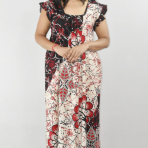 BDROX Black Maxi Nighty Square Neck Short Sleeves with pleats