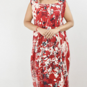 BDROX Red Cotton Maxi Nighty Round Neck sleeveless With Button