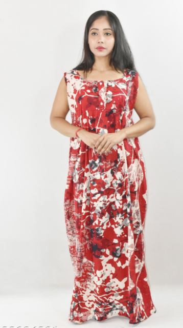 BDROX Red Cotton Maxi Nighty Round Neck sleeveless With Button