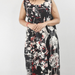 BDROX Black Cotton Maxi Nighty Round Neck sleeveless With Button