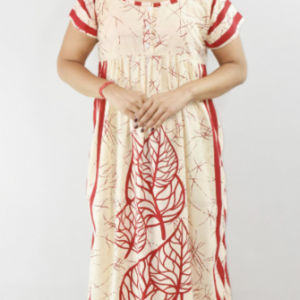 BDROX Red Cotton Maxi Nighty Round Neck Short sleeve With Button