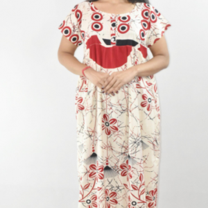BDROX Red Cotton Maxi Nighty Round Neck Short sleeve With Button