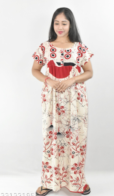 BDROX Red Cotton Maxi Nighty Round Neck Short sleeve With Button