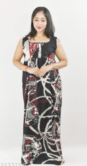BDROX Red Cotton Maxi Nighty Round Neck sleeveless With Button