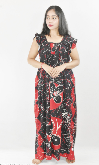 BDROX Red Maxi Nighty Square Neck Short Sleeves with pleats