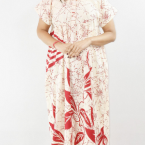 BDROX Red Cotton Maxi Nighty Round Neck Short sleeve With Button
