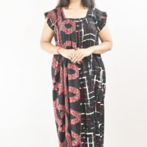 BDROX Black Maxi Nighty Square Neck Short Sleeves with pleats