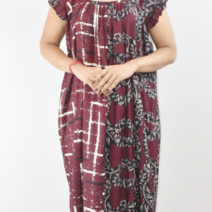 BDROX Maroon Maxi Nighty Square Neck Short Sleeves with pleats