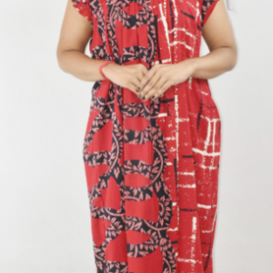 BDROX Red Maxi Nighty Square Neck Short Sleeves with pleats