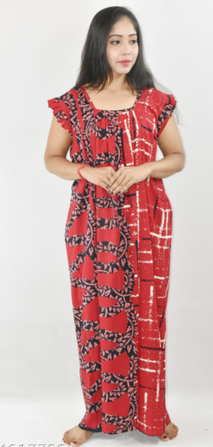 BDROX Red Maxi Nighty Square Neck Short Sleeves with pleats