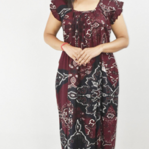 BDROX Maroon Maxi Nighty Square Neck Short Sleeves with pleats