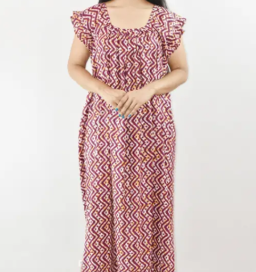 Bdrox Cotton Maroon Maxi Nighty Square Neck Short Sleeves with pleats
