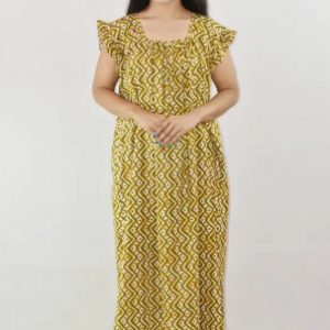 Bdrox Cotton Green Maxi Nighty Square Neck Short Sleeves with pleats