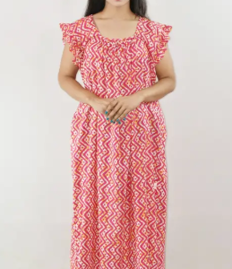 Bdrox Cotton Pink Maxi Nighty Square Neck Short Sleeves with pleats