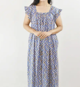 Bdrox Cotton Blue Maxi Nighty Square Neck Short Sleeves with pleats